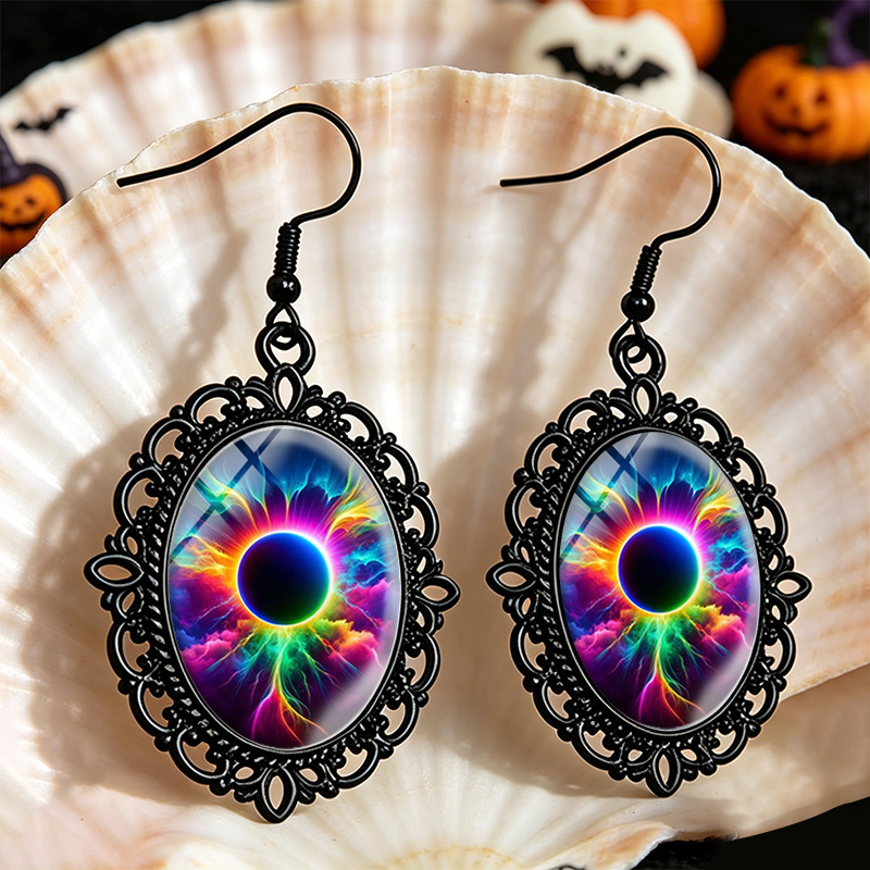 Rainbow Solar Eclipse Oval Earrings, Festive Jewelry Gift